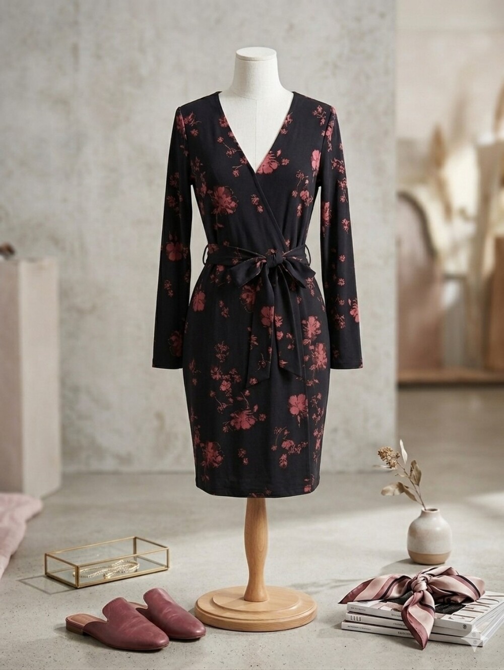 Dex Black Wrap Dress with Rose-Print Accents